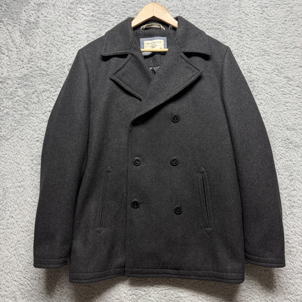 7 Diamonds Mens Seville Double Breasted Wool Blend Black Charcoal Peacoat XL